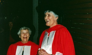 Cora Baldock at the 2001 graduation ceremony with friend and colleague Pat Giles