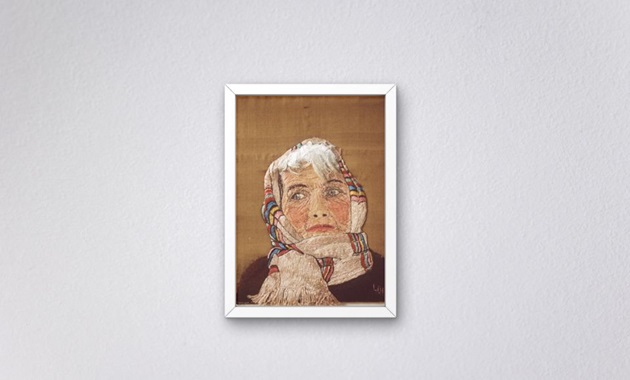 "Untitled Portrait" by Lorna Higgins, embroidery on silk, 26cm x 20cm. Donated by Mrs Rix Weaver 1974